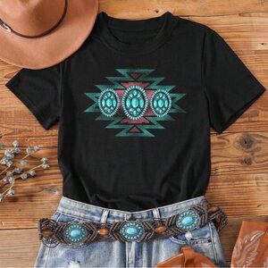 Black Graphic Tee with Turquoise Accents